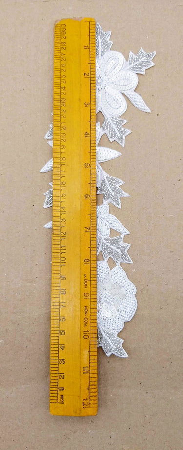 White Floral Applique Hand Embroidered with White Sequins, White Beads, Bugle Beads and Silver Beads